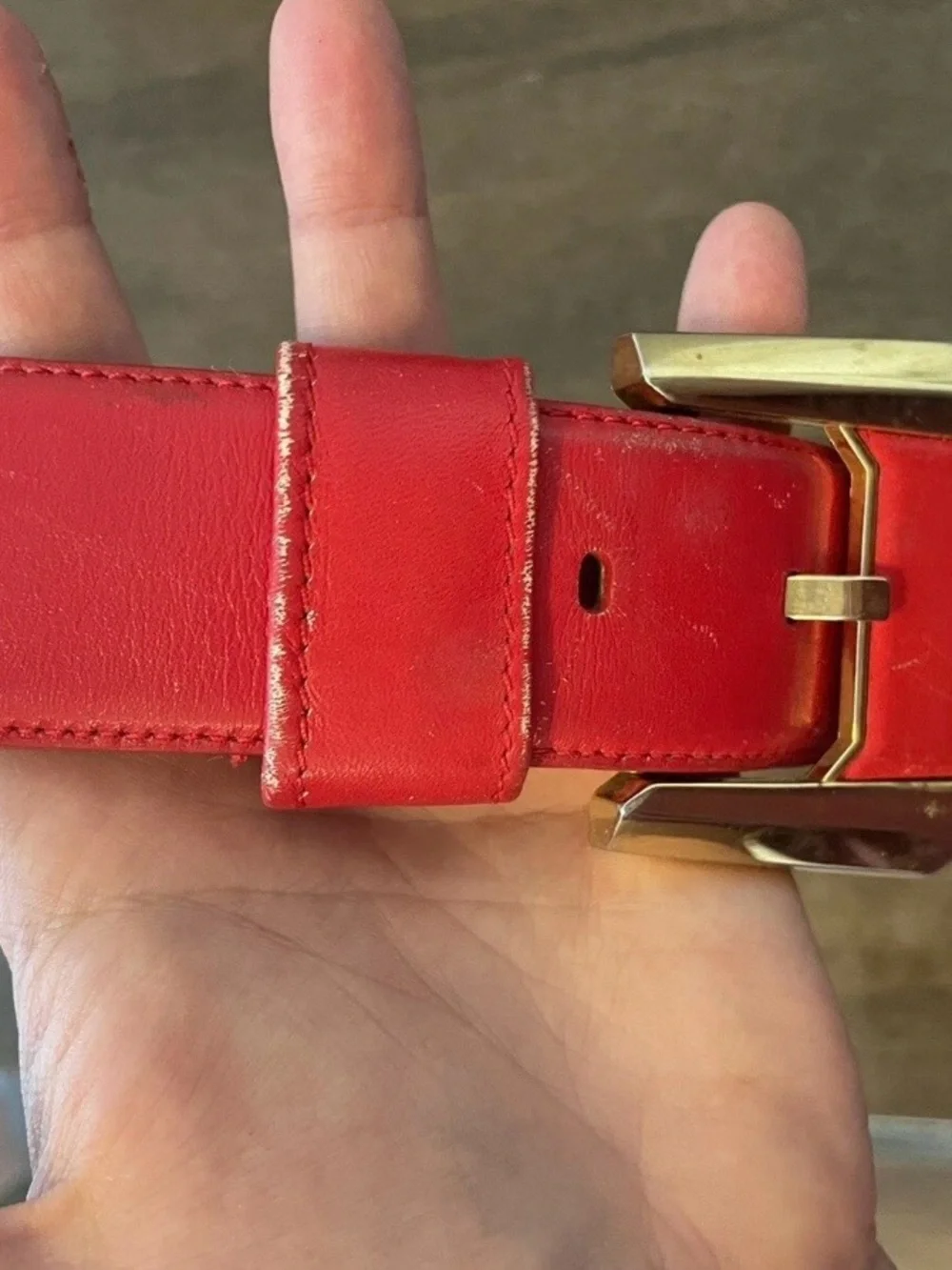 Vintage Liz Claiborne Genuine Leather Belt Red 35” Long Size Medium Gold Colored